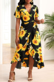Black Yellow Casual Sweet Print Patchwork Asymmetrical V Neck Straight Dresses