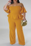 Yellow Sexy Casual Solid Backless Off the Shoulder Plus Size Jumpsuits