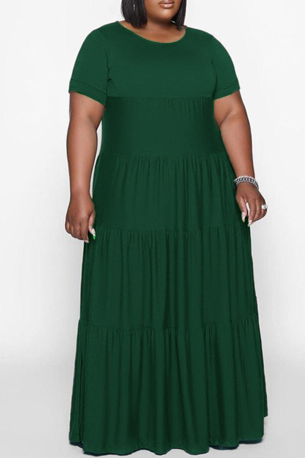 Green Casual Solid Patchwork O Neck Straight Plus Size Dresses