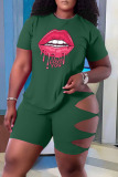 Black Fashion Casual Lips Printed Ripped Hollowed Out O Neck Plus Size Two Pieces