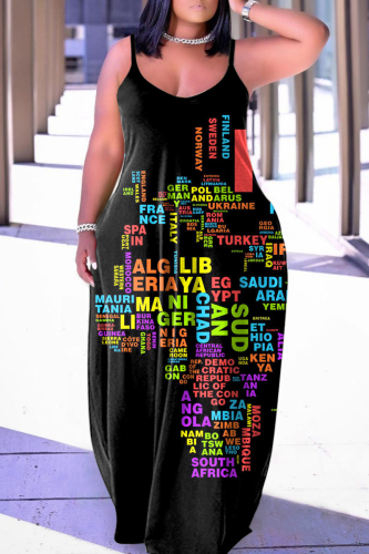 Black Sexy Casual Print Backless Spaghetti Strap Long Dress Dresses
