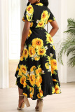 Black Yellow Casual Sweet Print Patchwork Asymmetrical V Neck Straight Dresses