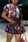 Grey Casual Street Print Patchwork Buckle Fold Short Sleeve Two Pieces