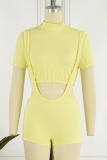Yellow Sexy Solid Patchwork O Neck Short Sleeve Two Pieces