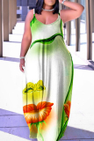 Light Green Sexy Casual Print Backless Spaghetti Strap Long Dress Dresses