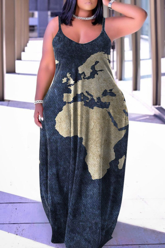 Tibetan Blue Sexy Casual Print Backless Spaghetti Strap Long Dress Dresses