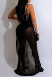 Black Sexy Solid Sequins Patchwork See-through Slit Hot Drill Spaghetti Strap Long Dress Dresses