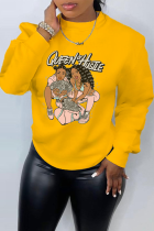 Yellow Street Print Patchwork O Neck Tops