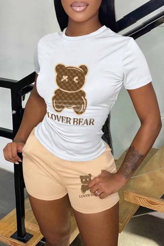 White Khaki Casual Print Letter O Neck Short Sleeve Two Pieces