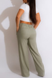 Olive Green Casual Solid Patchwork High Waist Straight Solid Color Bottoms