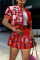 Red Casual Street Print Patchwork Buckle Fold Short Sleeve Two Pieces
