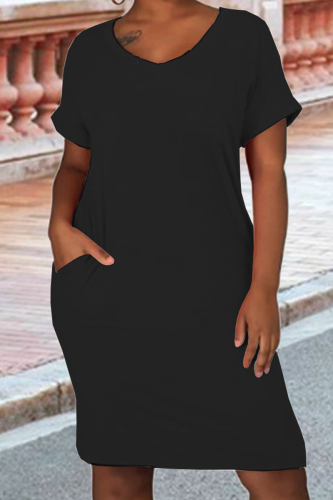 Black Casual Letter Print Basic O Neck Short Sleeve Dress Plus Size Dresses