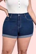 Deep Blue Casual Solid Patchwork Regular High Waist Conventional Solid Color Plus Size Denim Shorts