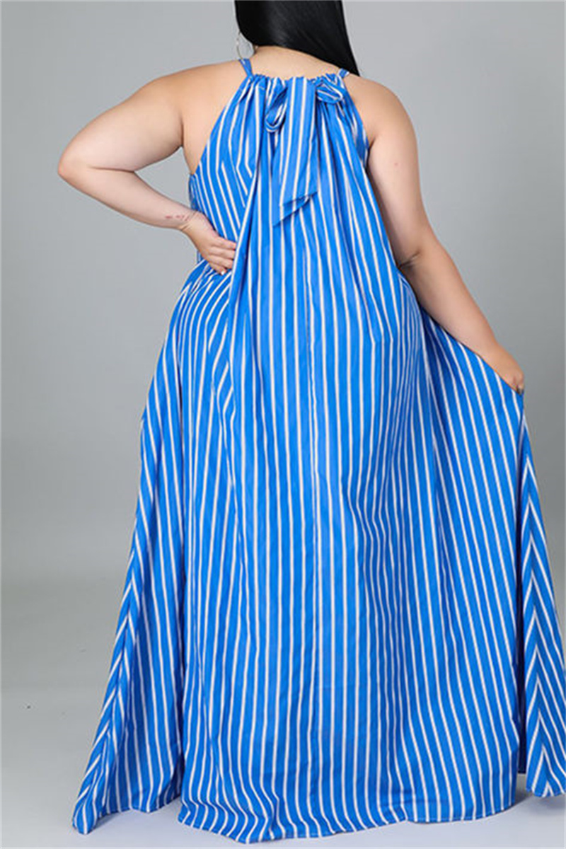 Wholesale Dark Blue Fashion Casual Plus Size Striped Print Backless O ...
