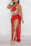 Red Sexy Solid Sequins Patchwork See-through Slit Hot Drill Spaghetti Strap Long Dress Dresses