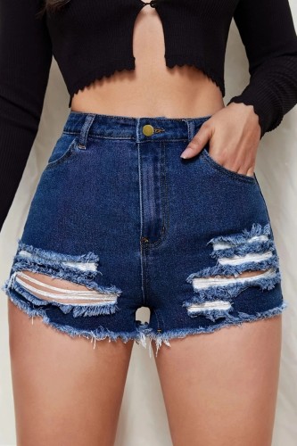 Deep Blue Casual Solid Ripped High Waist Regular Denim Shorts