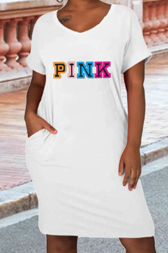 White Blue Casual Letter Print Basic O Neck Short Sleeve Dress Plus Size Dresses