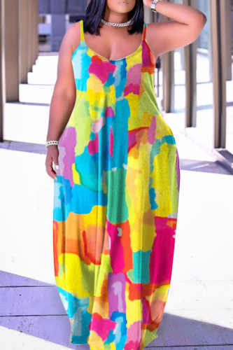 Turquoise Sexy Casual Print Backless Spaghetti Strap Long Dress Dresses