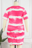 Rose Red Casual Print Tie-dye O Neck Short Sleeve Dress Plus Size Dresses