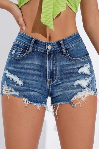 Blue Casual Solid Ripped High Waist Regular Denim Shorts