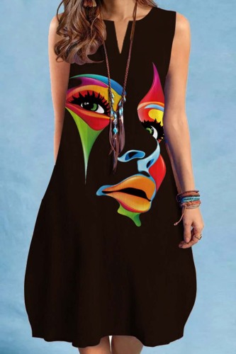 Black Casual Print Basic V Neck Sleeveless Dress Dresses