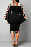 Orange Black Casual Elegant Print Patchwork O Neck One Step Skirt Dresses