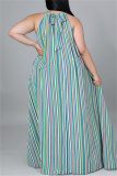 Green Fashion Casual Plus Size Striped Print Backless O Neck Sleeveless Dress