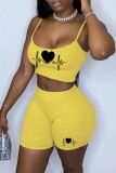 Yellow Sexy Casual Print Backless Spaghetti Strap Sleeveless Two Pieces