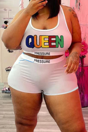 Cream White Casual Sportswear Solid Embroidered Patchwork U Neck Plus Size Two Pieces