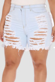 White Sexy Street Solid Ripped Make Old Patchwork High Waist Denim Shorts