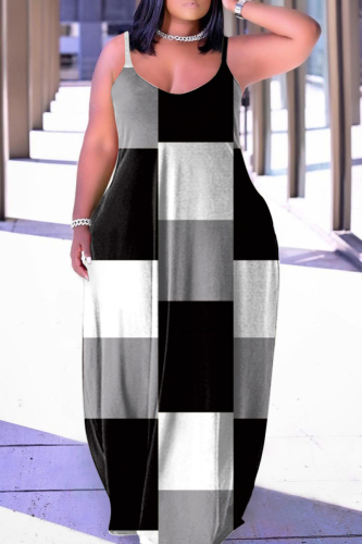 Black Gray Sexy Casual Print Backless Spaghetti Strap Long Dress Dresses