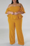 Yellow Sexy Casual Solid Backless Off the Shoulder Plus Size Jumpsuits