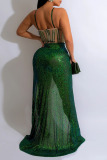 Green Sexy Solid Sequins Patchwork See-through Slit Hot Drill Spaghetti Strap Long Dress Dresses