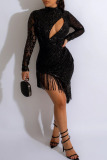 Black Sexy Solid Tassel Hollowed Out Sequins Patchwork Asymmetrical Evening Dress Dresses