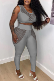 Grey Sexy Casual Sportswear Solid Hollowed Out Patchwork Solid Color O Neck Sleeveless Two Pieces