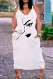 White Sexy Casual Print Backless Spaghetti Strap Long Dress Plus Size Dresses