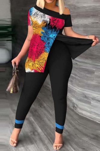 Multicolor Casual Print Patchwork Slit Oblique Collar Long Sleeve Two Pieces