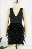 Black Sexy Elegant Solid Bandage Patchwork Feathers V Neck One Step Skirt Dresses
