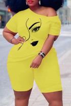 Yellow Black Casual Print Basic Oblique Collar Short Sleeve Two Pieces
