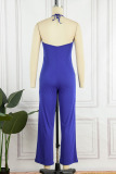 Blue Sexy Solid Patchwork Backless Halter Straight Jumpsuits