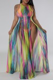 Multicolor Mesh Sleeveless See-Through High Slit Vacation Beach Swimsuit Cover Up Three Piece Set