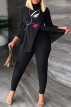 Black Casual Print Patchwork Turtleneck Long Sleeve Two Pieces