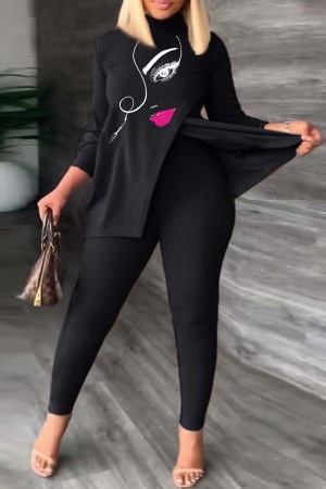 Black Casual Print Patchwork Turtleneck Long Sleeve Two Pieces