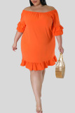 Tangerine Red Casual Solid Patchwork Flounce Off the Shoulder Straight Plus Size Dresses