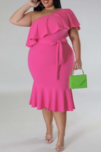 Rose Red Casual Solid Patchwork Backless Oblique Collar Plus Size Dresses