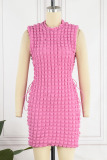 Pink Sexy Solid Bandage Hollowed Out Patchwork O Neck Pencil Skirt Dresses