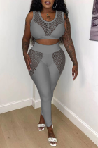 Grey Sexy Casual Sportswear Solid Hollowed Out Patchwork Solid Color O Neck Sleeveless Two Pieces