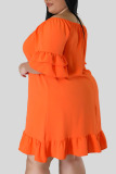 Tangerine Red Casual Solid Patchwork Flounce Off the Shoulder Straight Plus Size Dresses