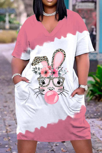Pink Casual Street Print Patchwork V Neck Straight Dresses