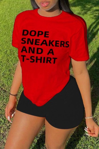 Red Casual Letter Print Basic O Neck Short Sleeve Two Pieces